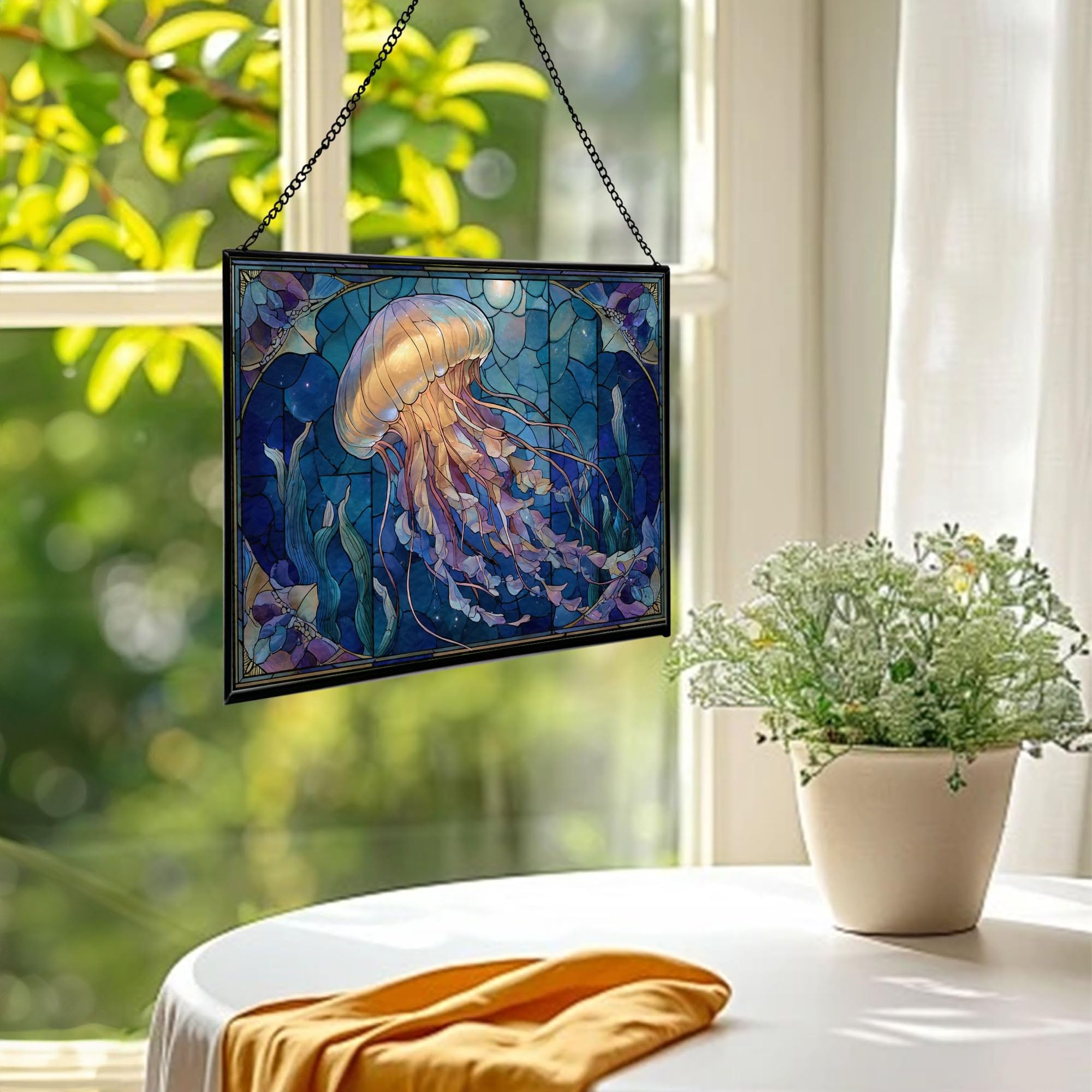 Jellyfish Illuminated by Ocean Moonlight Rectangular Stained Glass Suncatcher – Hanging Window Panel with Animal & Nature Scene – Vibrant Glass Art Gift for Wildlife, Fantasy, Nature Lovers tQ3edX