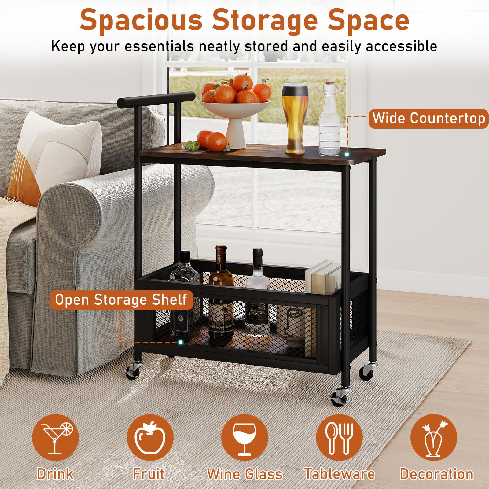 Giantex Mesa Auxiliar con Ruedas, Carrito Móvil con Estante y Cesta de Almacenamiento, Carro de Servicio con Asa, 60 x 40 x 72 cm, Mueble Auxiliar para Cocina, Comedor, Salón, Bar