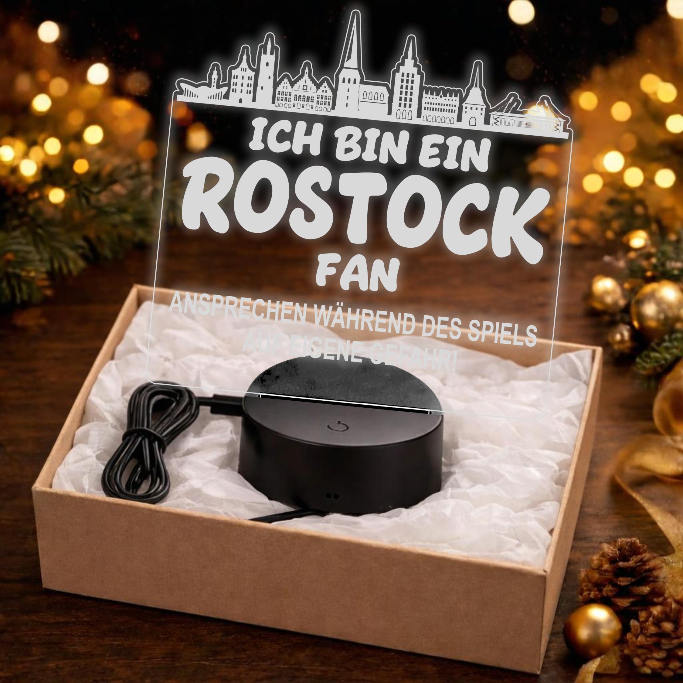 Lieblingsmensch Rostock Fan Fußball LED Nachtlicht – 3D Skyline Design „Ansprechen auf eigene Gefahr“ – RGB Farbwechsel mit Fernbedienung & Touch – Stimmungslicht für die Man Cave – 19x23cm
