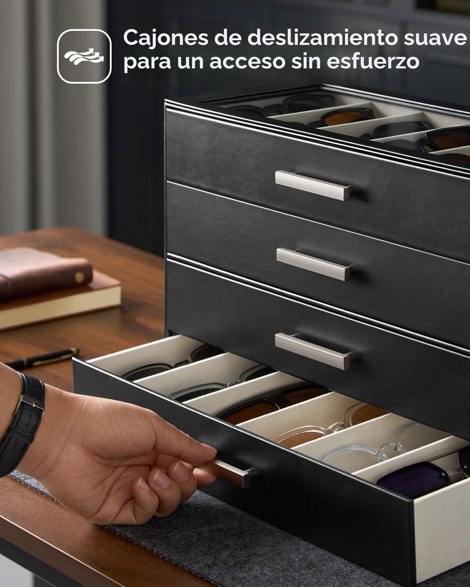 ProCase Caja para Gafas de Sol Hombre con Cajones y Tapa Transparente, Organizador Gafas Vertical de Gran Capacidad 4 Niveles para 24 Pares -Marrón