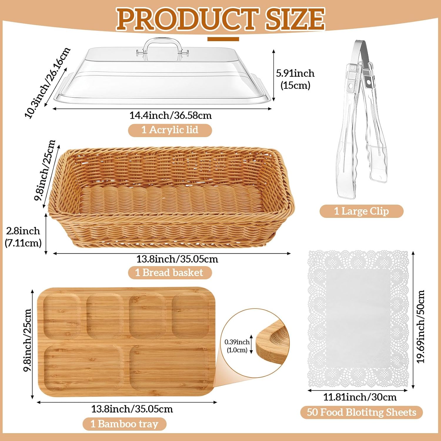 Sliner Large Wicker Bread Basket with Lid Bamboo Snack Plates Bamboo Tray with 6 Compartments and Plastic Tongs 50 Pack Paper Doilies for Bread, Fruit, Snack Candy Display