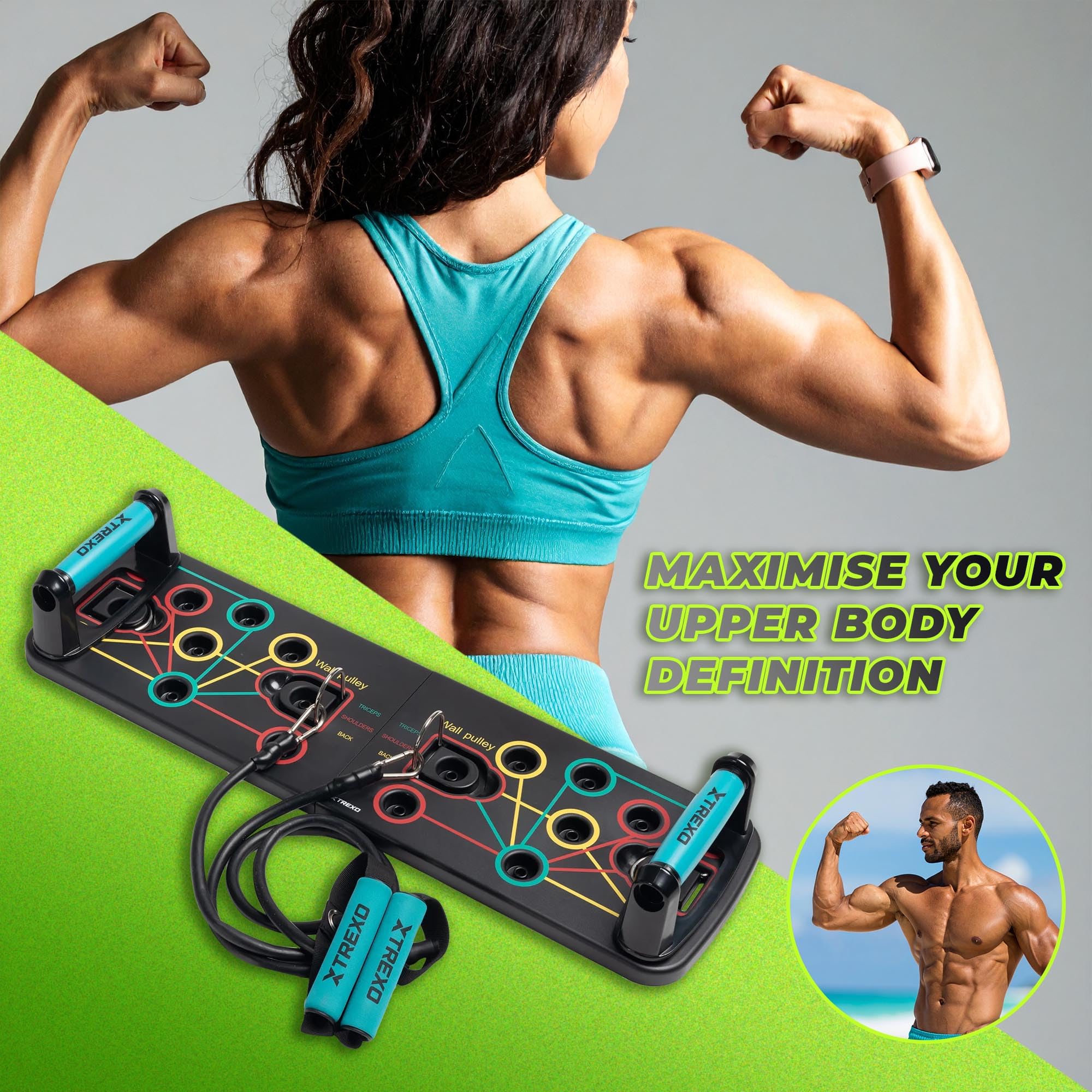 XTREXO Wielofunkcyjna deska do pompek w kolorze czarnym, z kodami kolorystycznymi, urządzenie do fitnessu z tworzywa ABS i TP Comapect, 66 x 20 x 2 cm, uniwersalny trening siłowy, antypoślizgowe