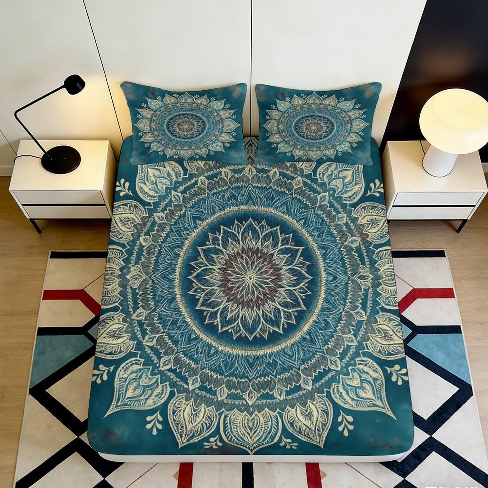 3D Printed Mandala Lotus Fitted Sheet Microfiber Non Slip Blue Boho Floral Bed Cover for Bedroom Guest Room Decor 90x200x25cm