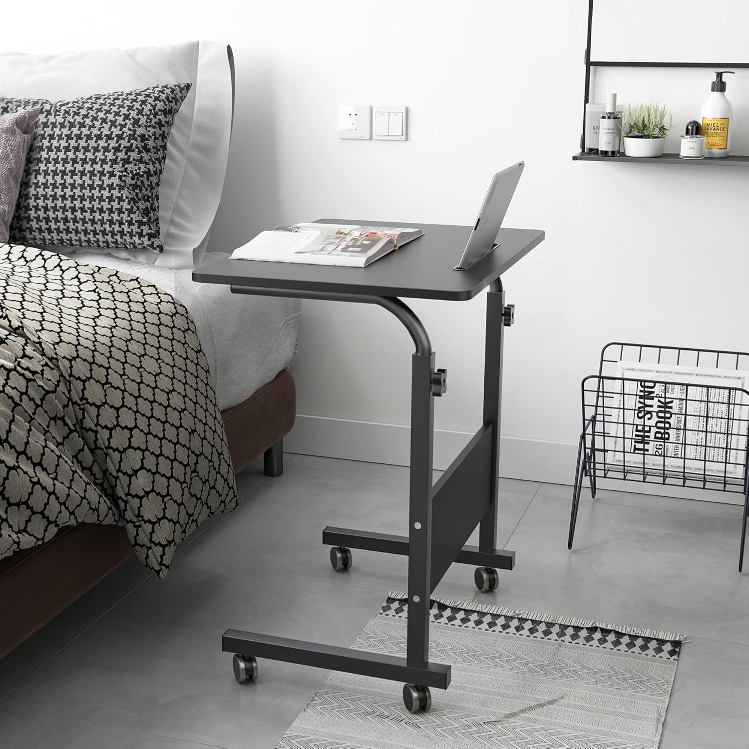 soges Rolling Laptop Desk Cart Height Adjustable, 23.6 inches Mobile Sofa Side Table with Tablet Slot, Portable Standing Laptop Table Desk, Small C Table for Sofa Couch Bed, Black