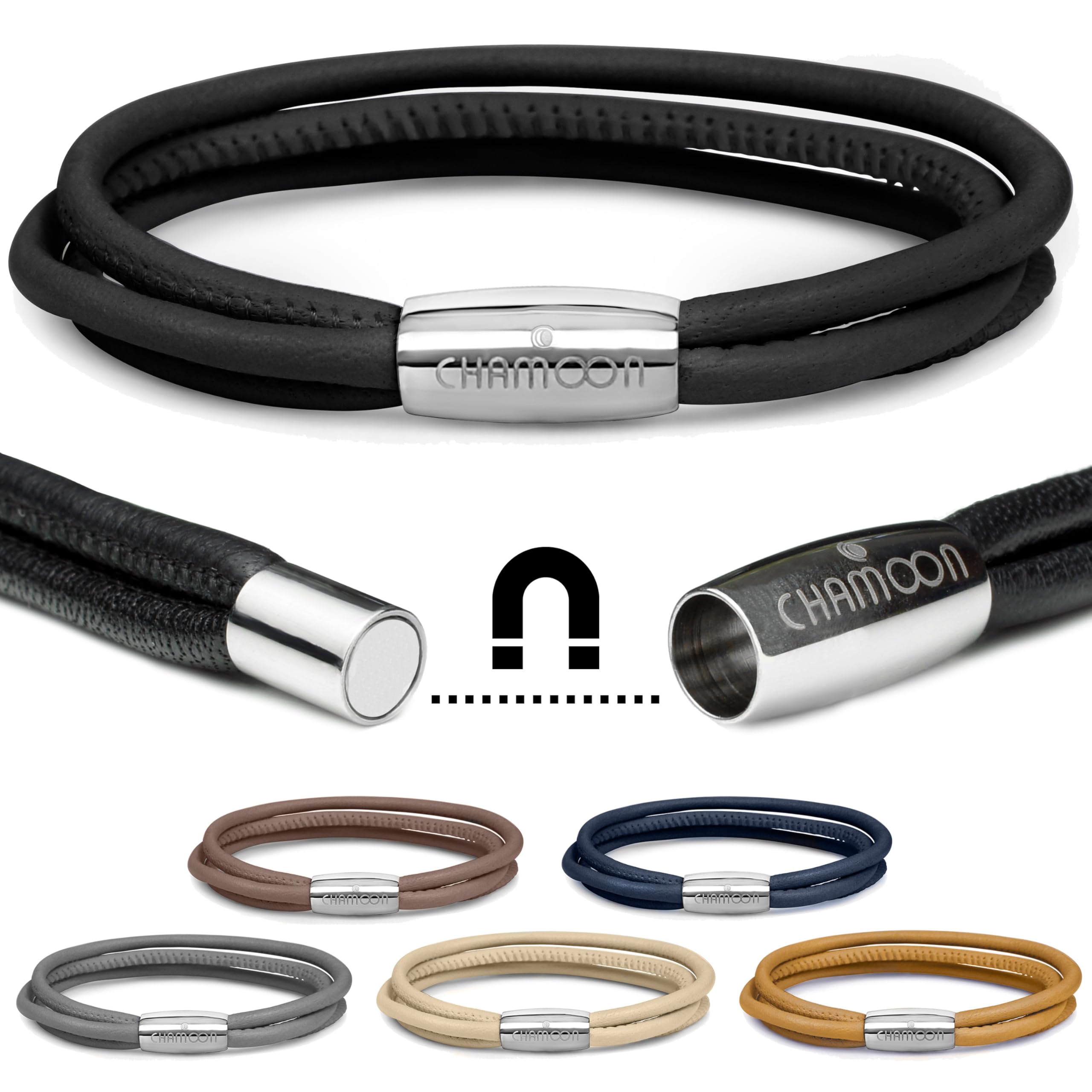 CHAMOON® Premium Lederarmband für Damen | Besonders fein & weich | Praktischer Magnetverschluss aus Edelstahl | Mit über 80 Charms erweiterbar | 7 Farben | Einfach- & doppelt-gewickelt