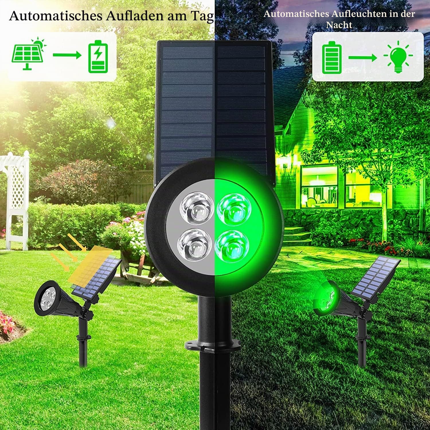 T-SUN Grün Solarlampen für Außen 4 Stück, 4 LED Helle Gartenstrahler mit 2 Modi, IP65 Wasserdicht Solar Strahler, Baumbeleuchtung Aussen, Dusk to Dawn Solarleuchten für Hof Garage Weg Outdoor Pflanzen