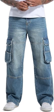 MZNBURAM Mens Non-Stretch Loose Fit Wide-Leg Baggy Cargo Jeans Pants