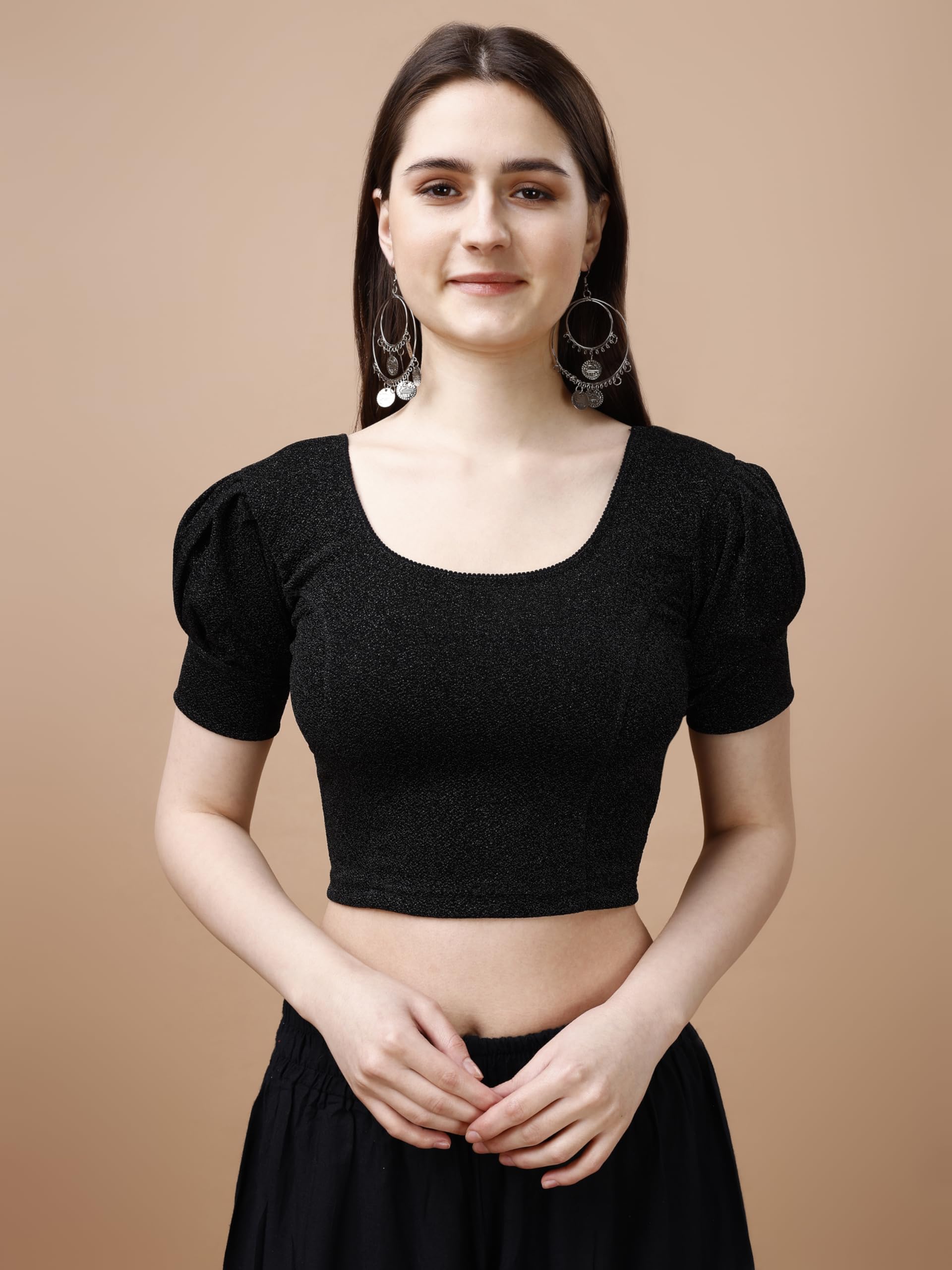 Pujia Mills Women's Readymade Shining Lycra Stretchable Round Neck Half Puff Sleeve Blouses Lycra Stretchable Black Color Blouse For Women Readymade Saree Blouse