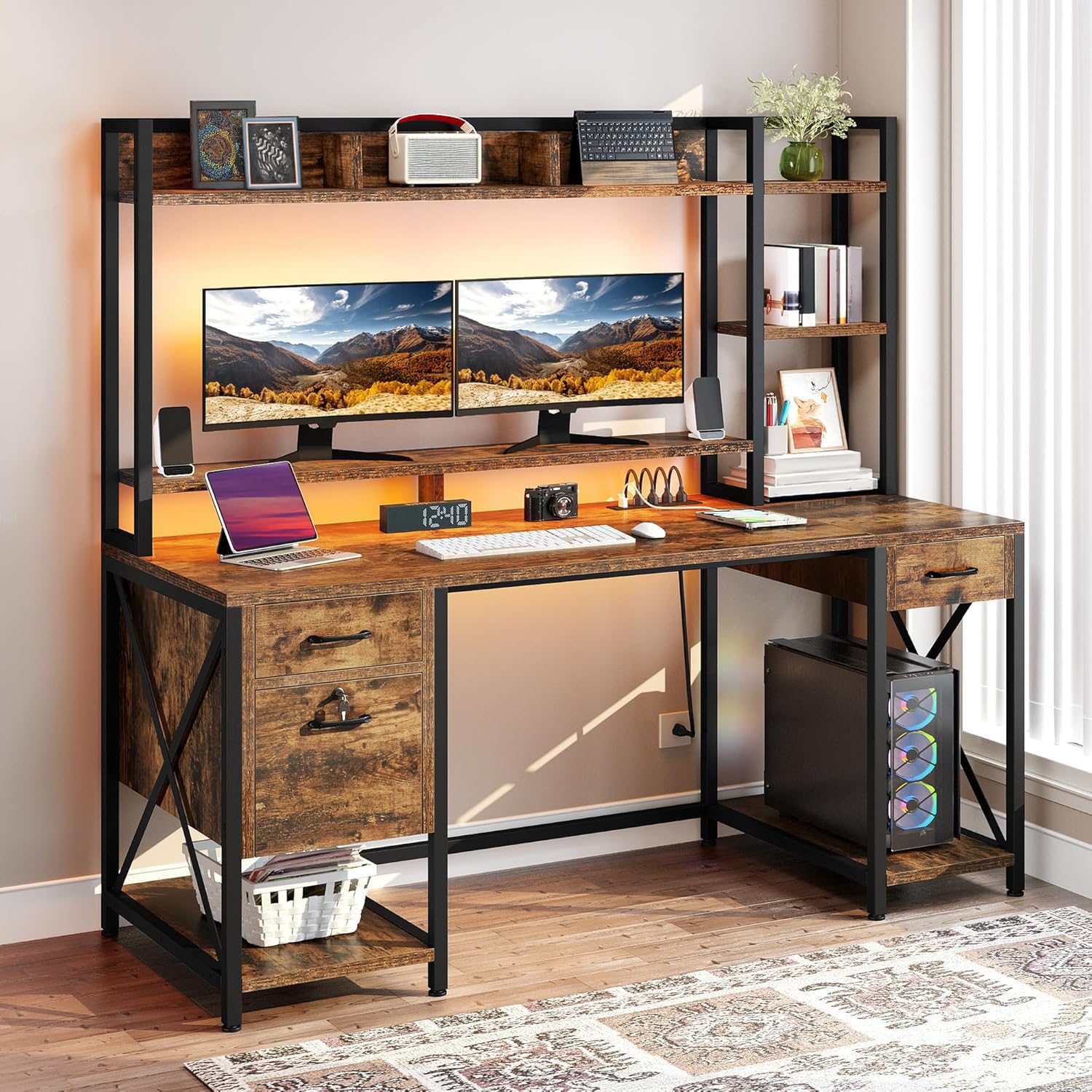 DWVO Computer Desk with Drawers & Hutch