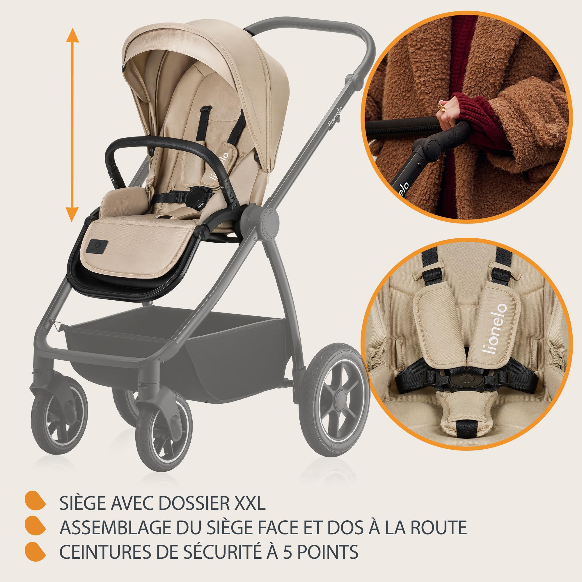 LIONELO MERIL 2 en 1 Poussette Bébé 0 à 48 Mois Jusqu'à 22 kg, Nacelle XXL Jusqu'à 9 kg, Grandes Roues Tout-terrain 360 °, Siège Inclinable Position Allongée Amortissement Complet Auvent XXL (Beige)