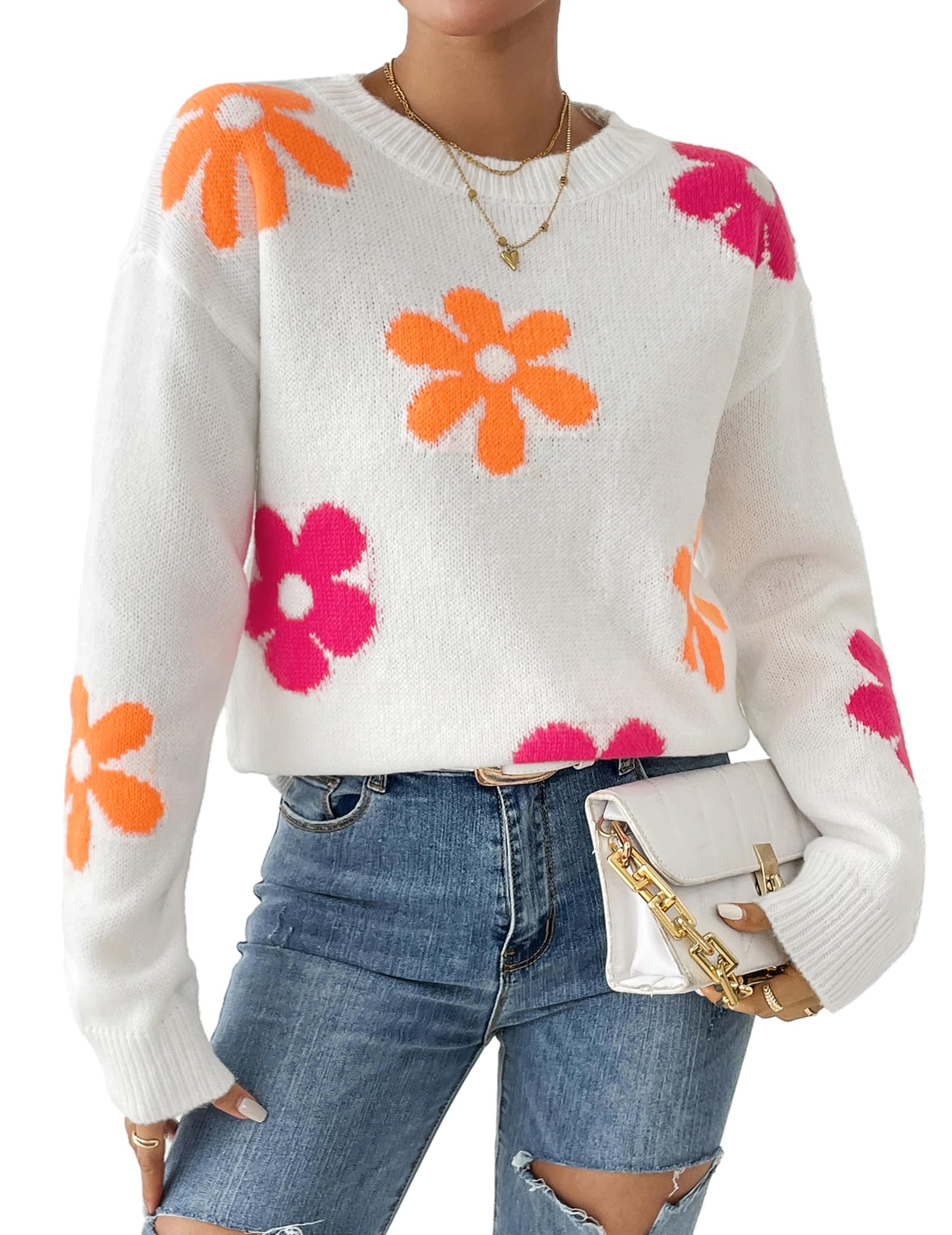 Women's Cute Flower Sweaters Fall 2024 Casual Lightweight Ribbed Knit Crewneck Long Sleeve Pullover Sweater