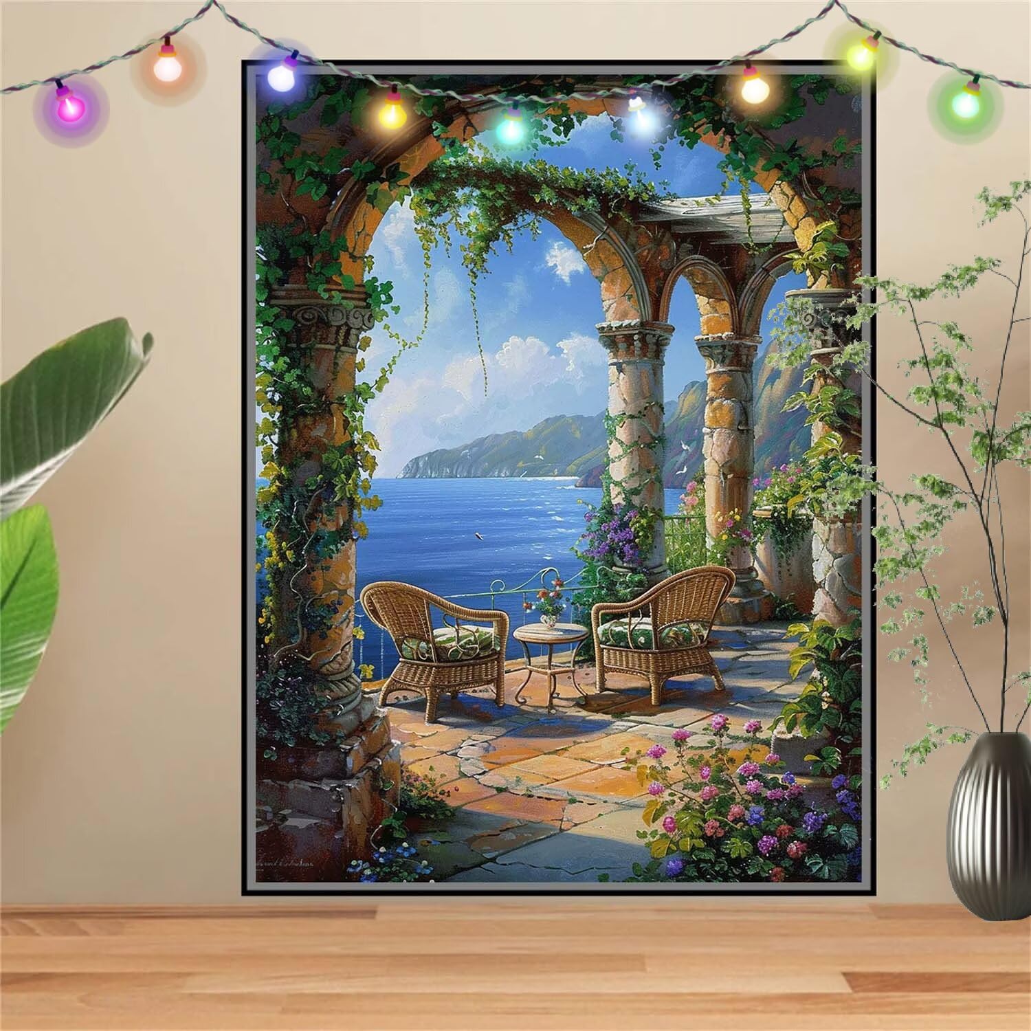 Kit Completo 5D DIY Pintura de Diamante Grecia,Mar,Punto de Cruz Diamond Painting para Niños y Adultos,Cuadro de Diamantes con Rhinestones para Decoración Hogar,Pintar con Diamantes 120x160cm E8080