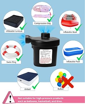 Inflatable Electric Air Pump, 110V AC/12V DC Portable Fast Inflation Pump with 3 Nozzles, Used for Inflatable Boats, etc