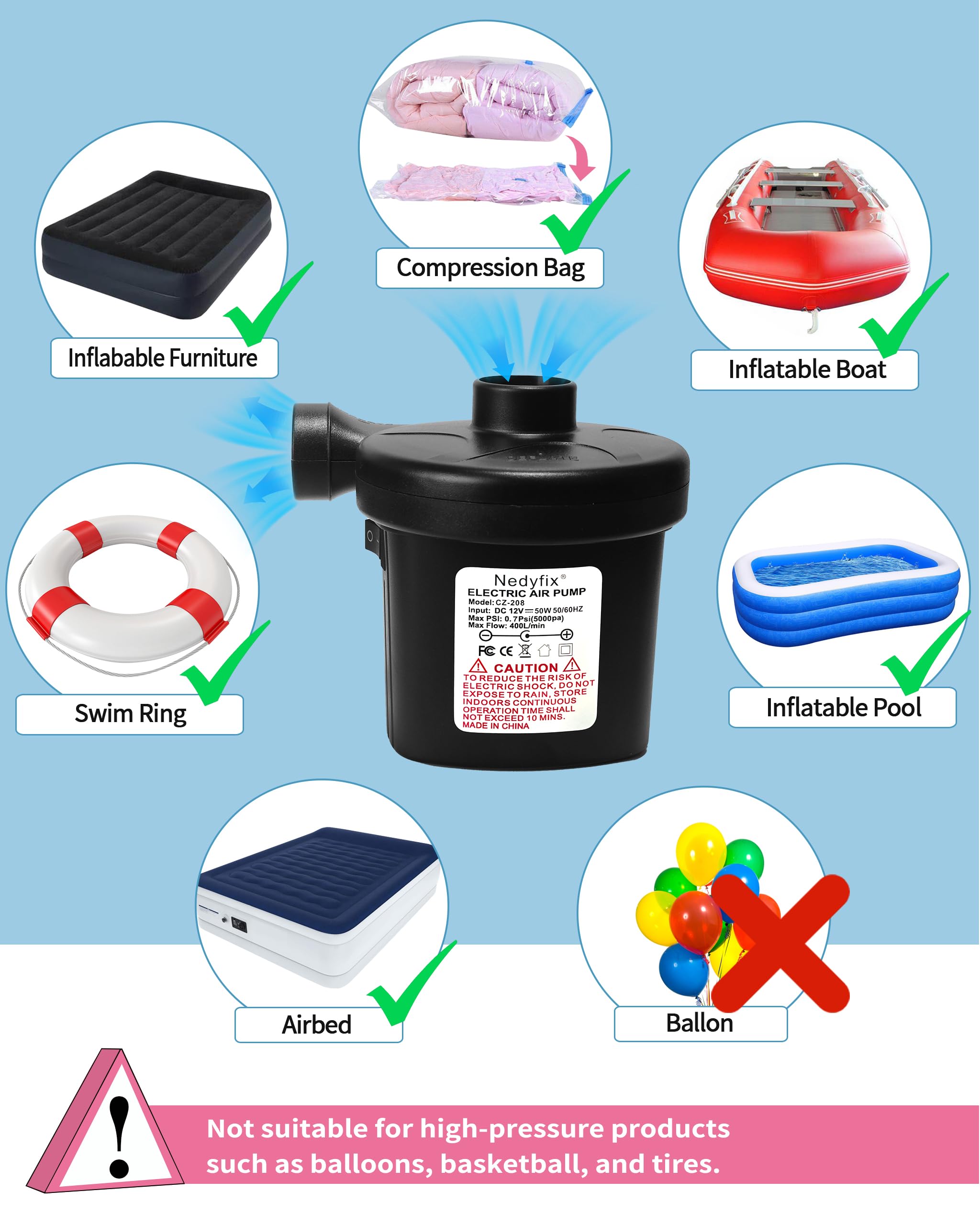 Bomba de aire eléctrica inflable, 110 V CA/12 V CC, bomba de inflado rápido portátil con 3 boquillas, utilizada para barcos inflables, etc
