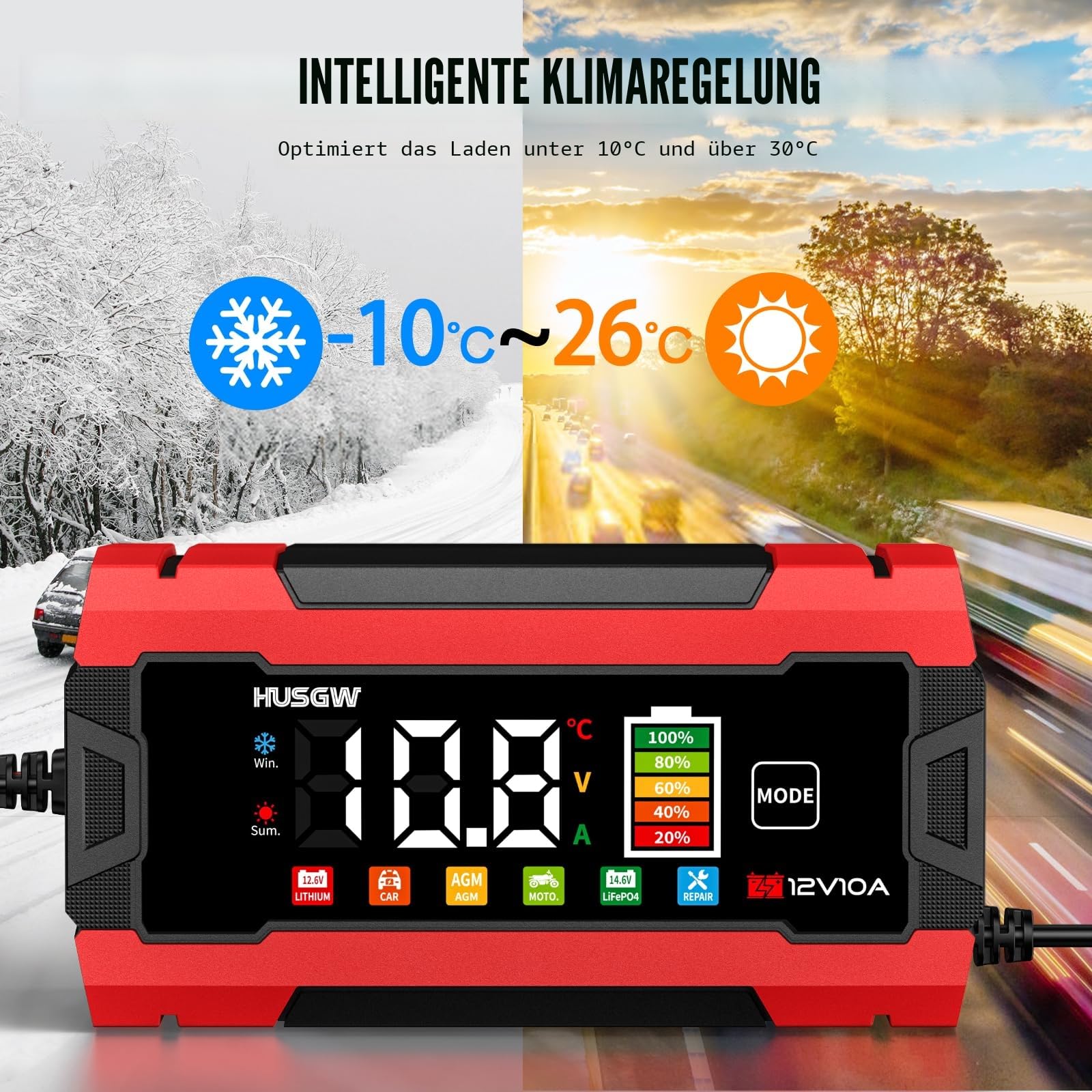 12V 10A Autobatterie Ladegerät mit Farbdisplay, automatischer Abschaltung & Temperaturkompensation, für Auto/Motorrad (AGM/EFB/Gel/LiFePO4), 6-Fach Schutz(Rot 10)