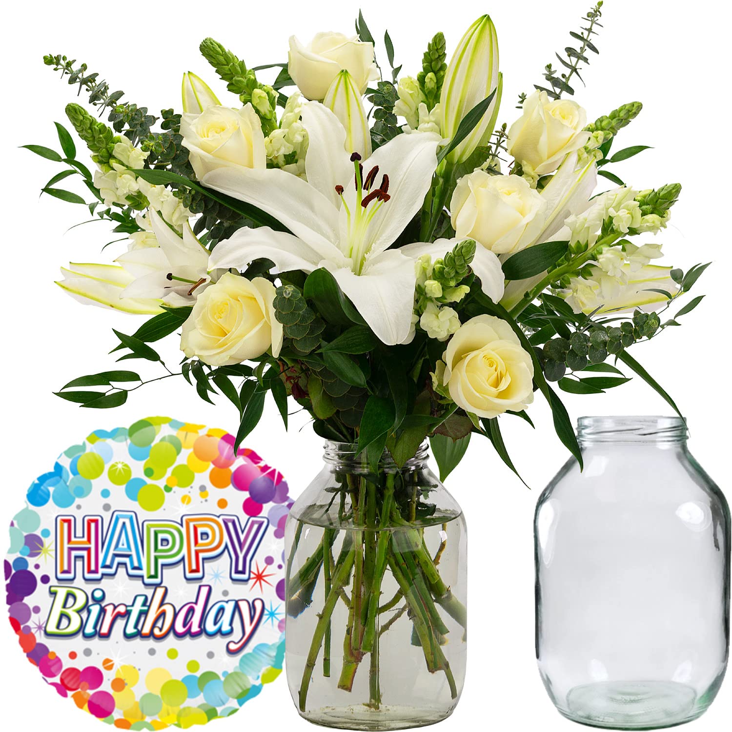 InterBloom | The Grace - Next Day Large White Lily and Rose Beautiful Fresh Flower Bouquet with a Birthday Balloon and Pickle Jar Vase
