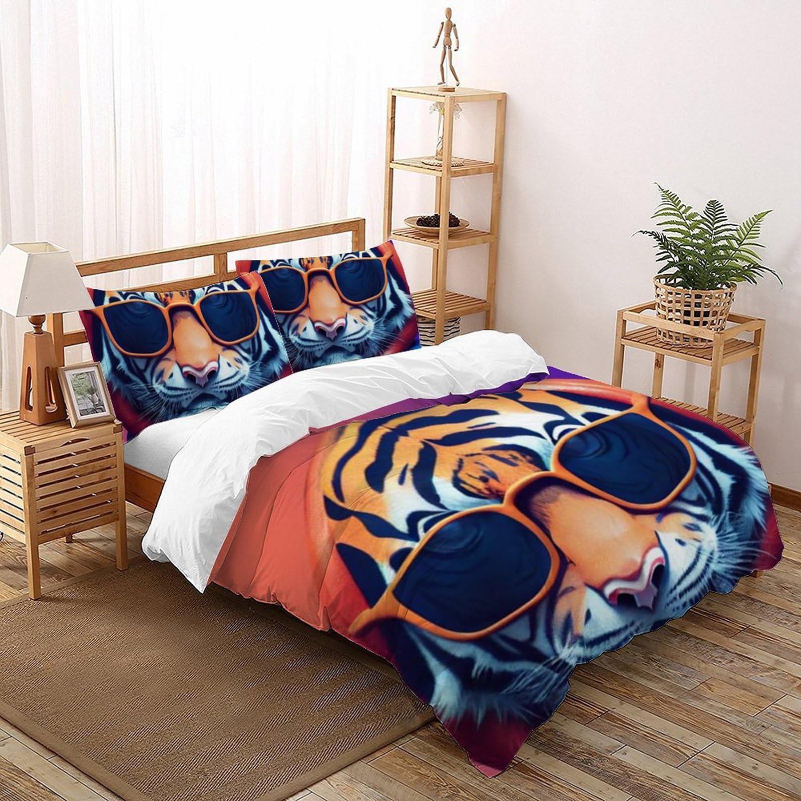 Housse de couette tigre microfibre 220x240cm anti-plis pour grand lit double