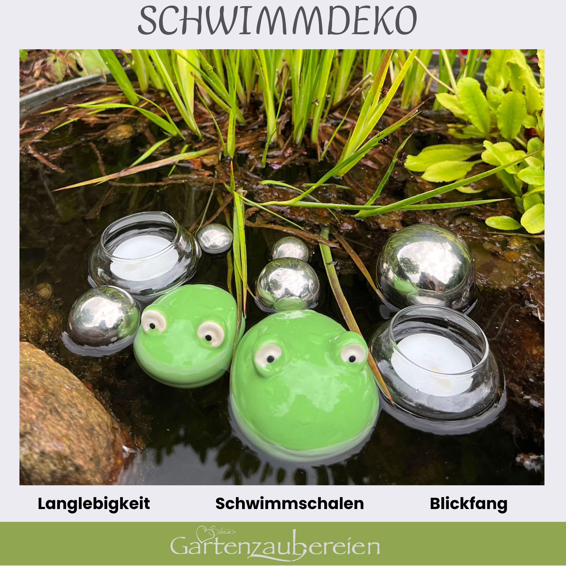 Storm's Gartenzaubereien Schwimmfrösche 2er Set mit Teelichtschalen und silbernen Schwimmkugeln - Teichkugeln Teichdeko