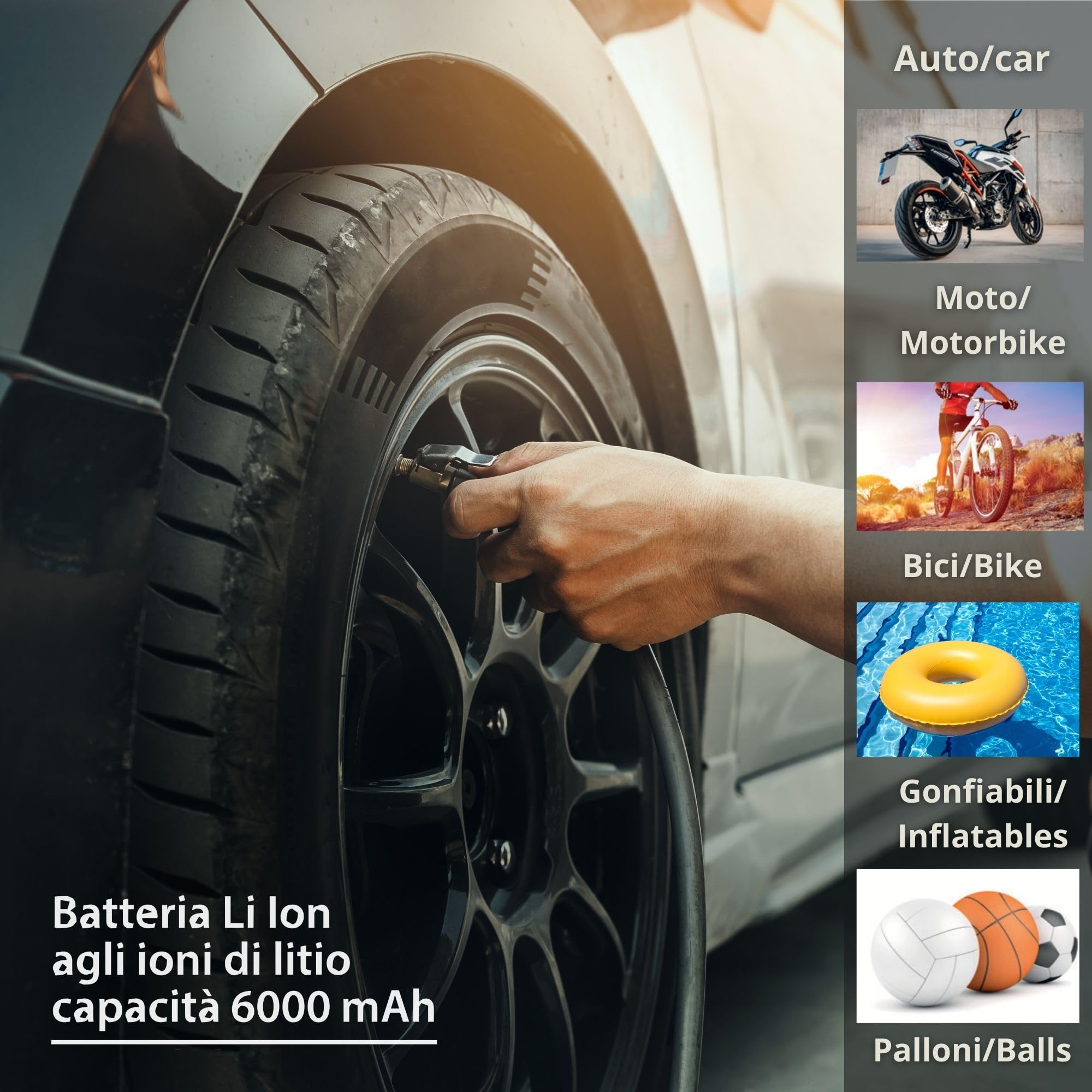 Goodyear, Compresor de Aire, portátil, inalámbrico, Recargable, 6000 mAh, 5 en 1: inflado, desinflado, medición de presión, batería Externa, Linterna 6 LED, Incluye Accesorios, Toma de Encendedor