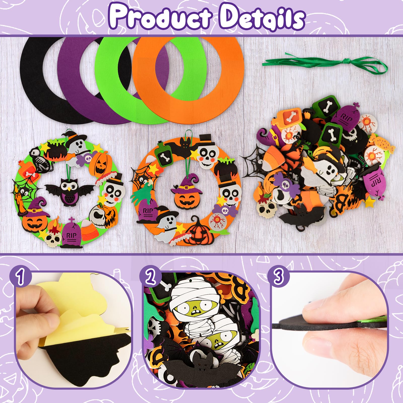 Benjia 4 Pack Halloween Wreath Craft Kits for Kids DIY Felt Wreath Halloween Ornaments with Bandage Zombie, Owl - Image 3