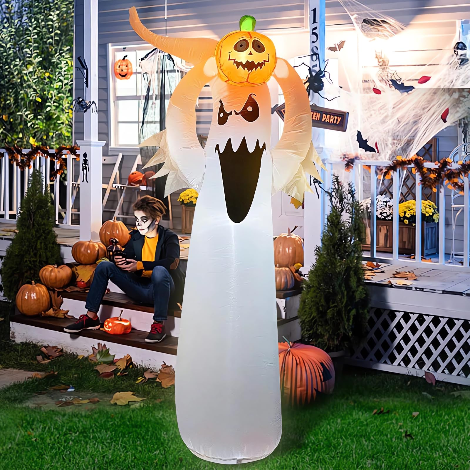LUCKYUN Halloween Inflatables Ghost Outdoor Decorations, Inflatable Halloween Yard Decorations, Blow Up Ghost Halloween Decor with Build-in LEDs for Scary Halloween Decorations (1.8m)