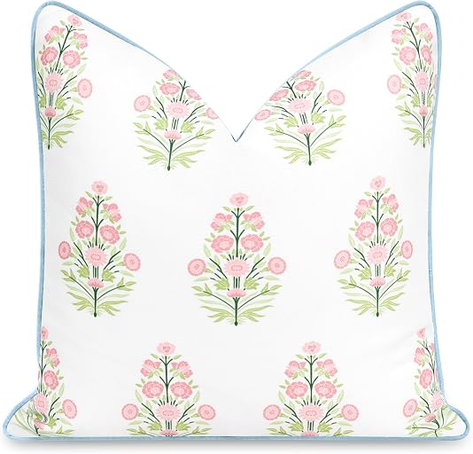 Hofdeco Premium Coastal Patio Indoor Outdoor Throw Pillow Cover Only, 18"x18" Water Repellent for Backyard, Couch, Pink Green Baby Blue Floral with Piping