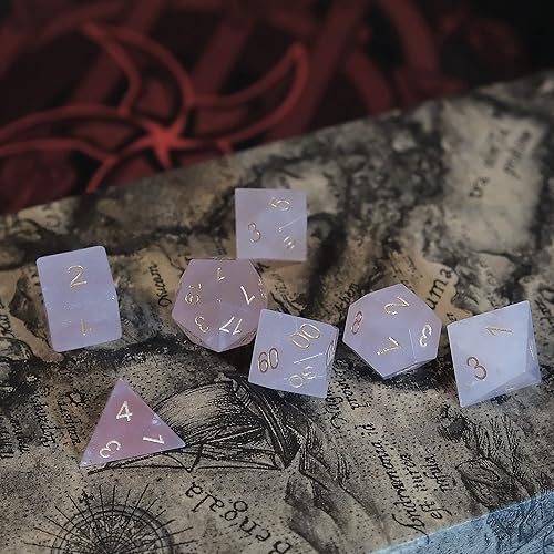 Miniatura 8 de Juego de 7 dados de piedras preciosas de cuarzo rosa, juego de dados facetados DND, bolsa de dados gratis para juego de rol de Calabozos y Dragones