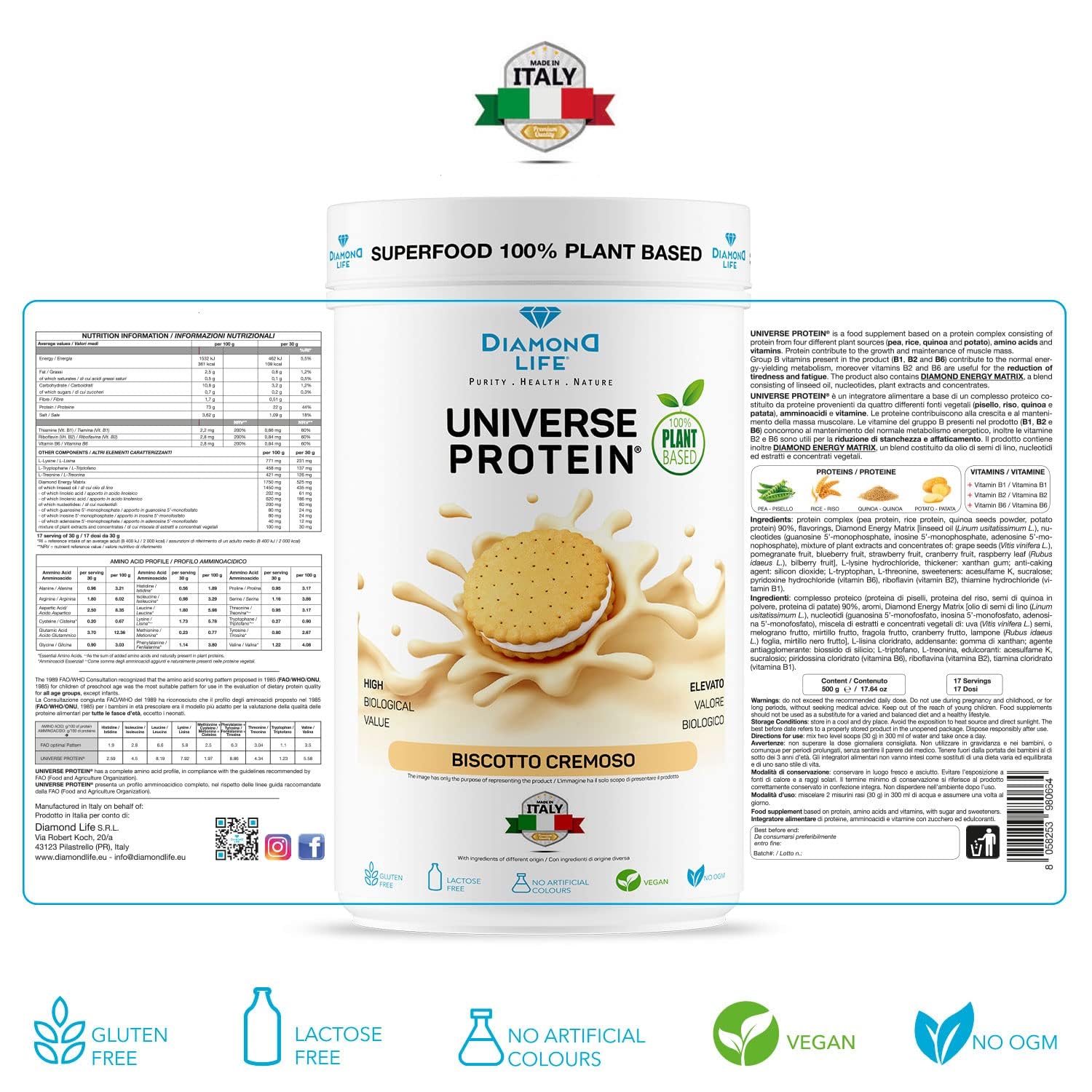 DIAMOND UNIVERSE PROTEIN - Proteine in Polvere Vegane (Pisello, Riso e Quinoa) 70% di Proteine ad Alto Assorbimento per Sforzo Fisico, Resistenza e Mass Gainer | Gluten Free (Biscotto Cremoso)