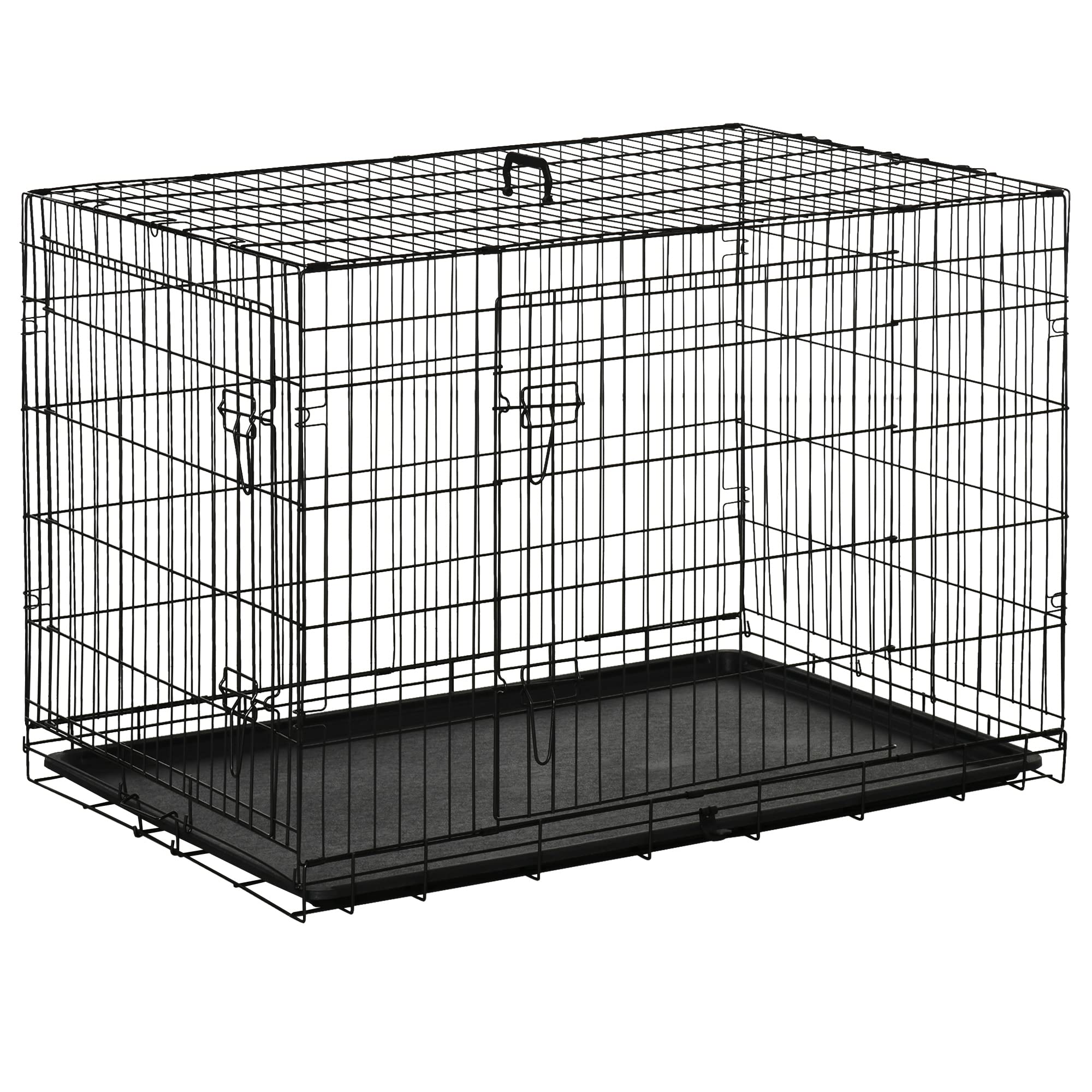 PawHut Transportín de Perro de 2 Puertas Jaula de Alambre para Perros Plegable con Asa Acero 106x71x76cm Negro