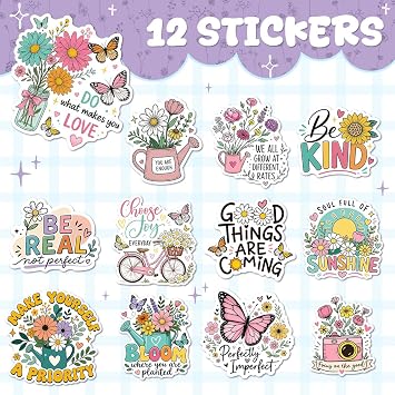 12PCS Inspirational Flower Stickers Pack, Motivational Quotes Vinyl Decals, Be Kind, Choose Joy, Bloom Stickers for Water Bottles, Laptops, Gifts for Encouragement & Positivity A 12Floral