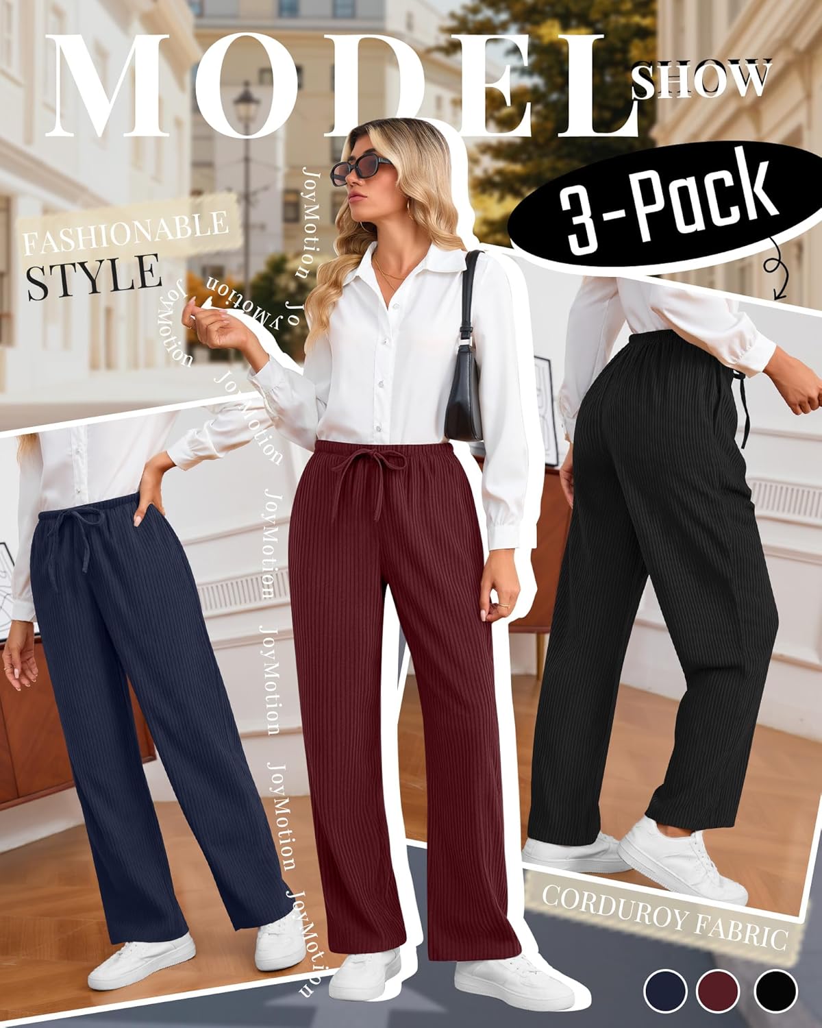 3 Pack Women Corduroy Drawstring Pants with Pockets High Straight Leg Elastic Waistband Casual Fall/Winter Trousers(Black, Navy Blue, Wine Red,XX-Large) - Image 4