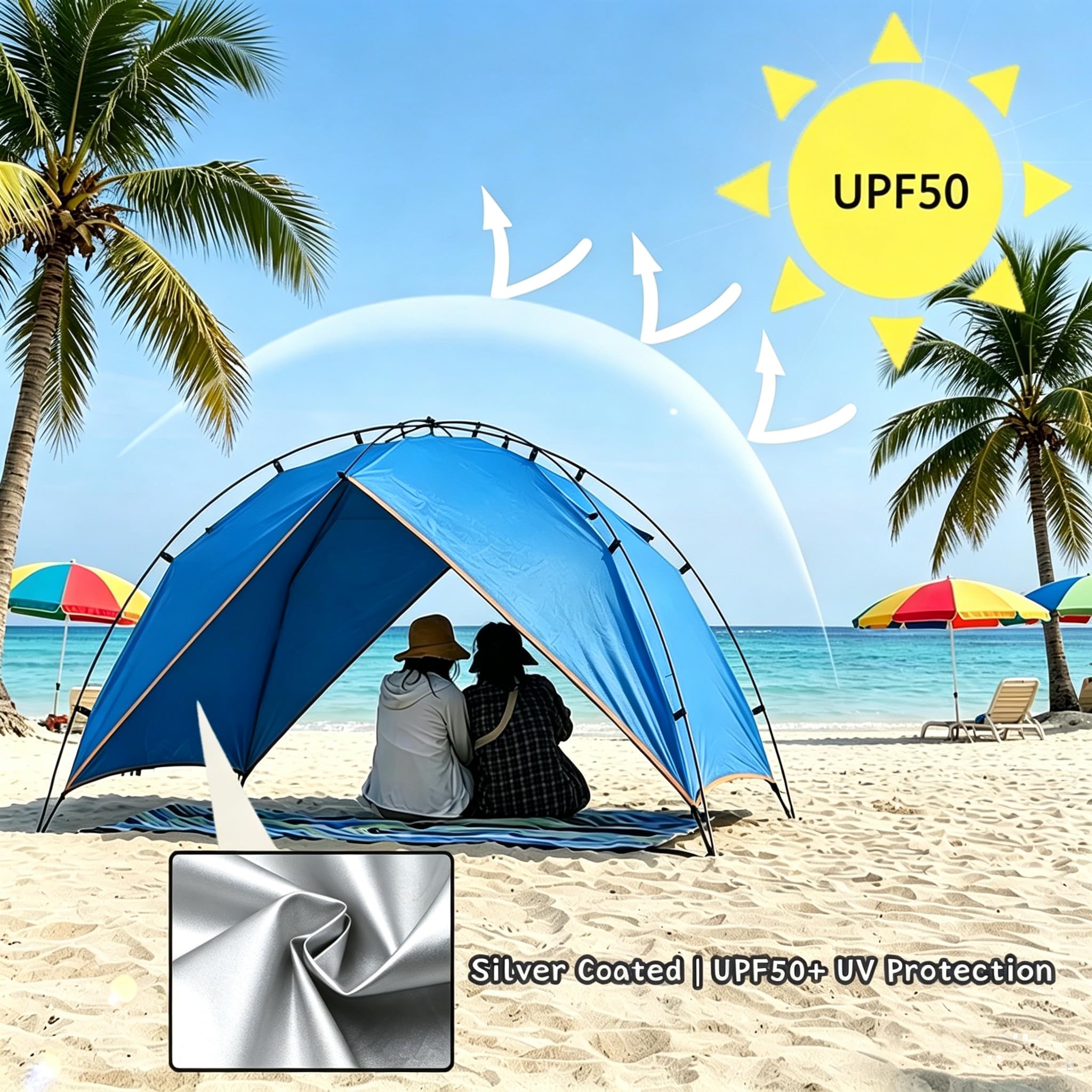 Tente de Plage pour Famille – Facile à Monter, Protection Solaire UPF 50+, Ombrelle Portable pour Jardin, Parc, Camping (2-4 Personnes) (Bleu)