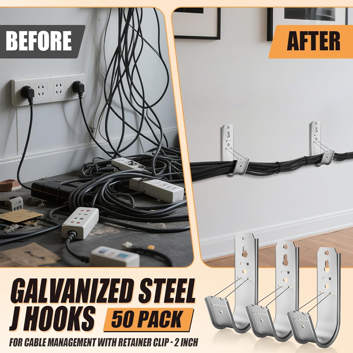 50 Pack J Hooks for Cable Management | 2 Inch Galvanized Steel J-Hook with Retainer Clip for Hanging Cable & Wire Support Ceiling Mount to Ceilings Beams