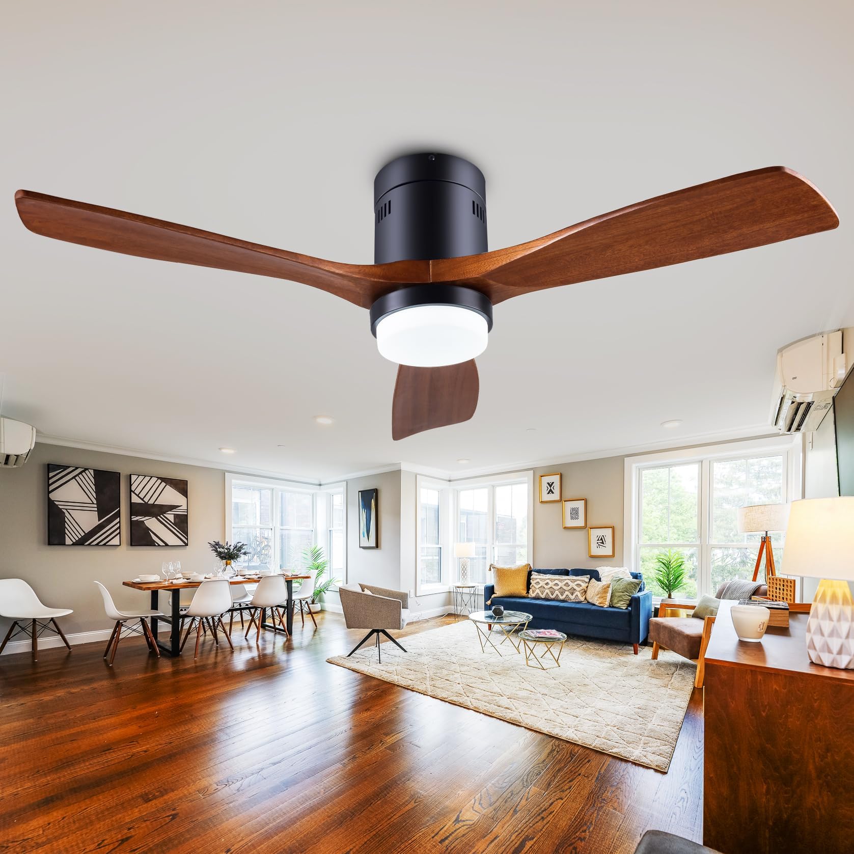 48" Recessed Ceiling Fan with Lights and Remote Control, Indoor Outdoor Wooden Ceiling Fan with 3 Wooden Blades for Patio, Living Room, Bedroom, Hallway