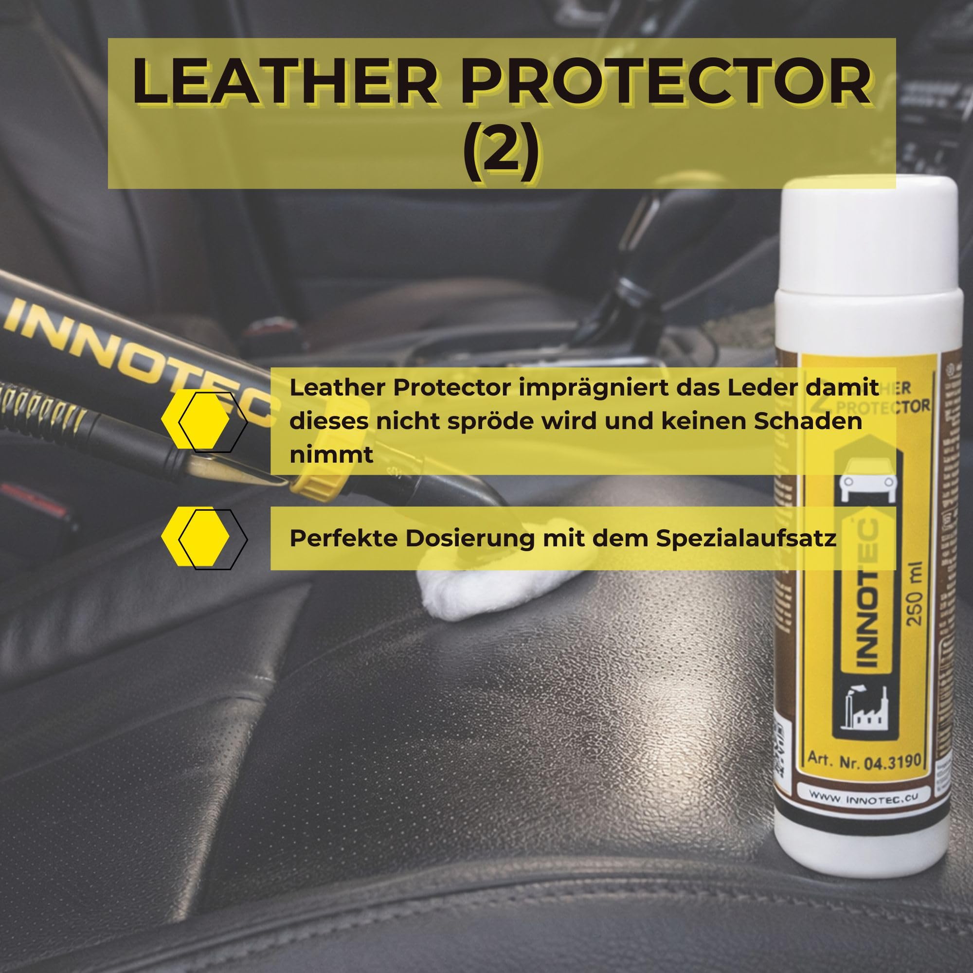 INNOTEC Leather Protector (2) 250 ml – Leder-Schutzspray für Pflege & Schutz unterschiedlichster Leder & lederartiger Flächen wie Fahrzeugsitze, Motorradleder, Möbel & Bekleidung – schützt und pflegt