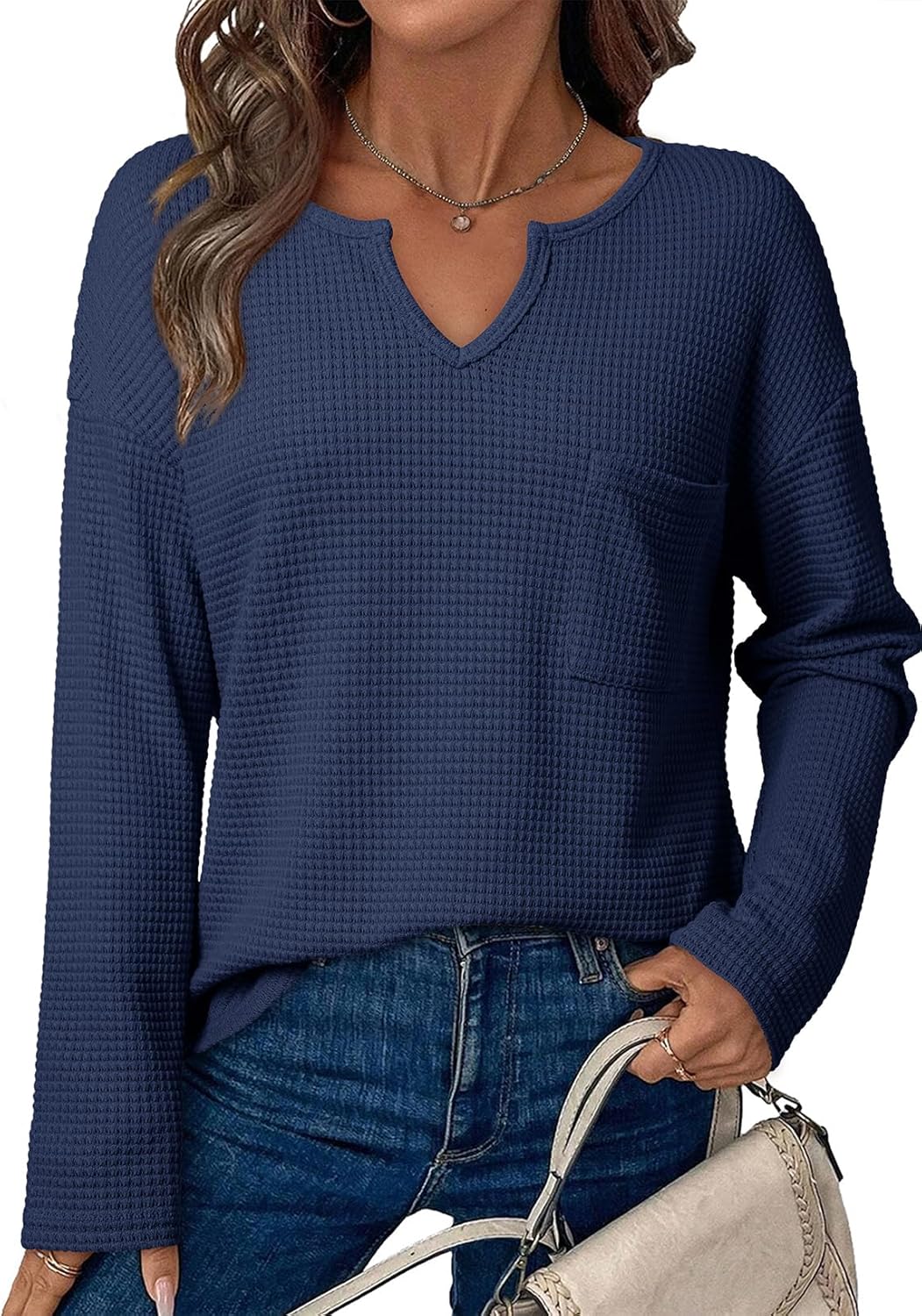 Dokotoo Womens Tops Waffle Knit Long Sleeve Notched V Neck Shirts Casual Trendy Solid Color Loose Blouses