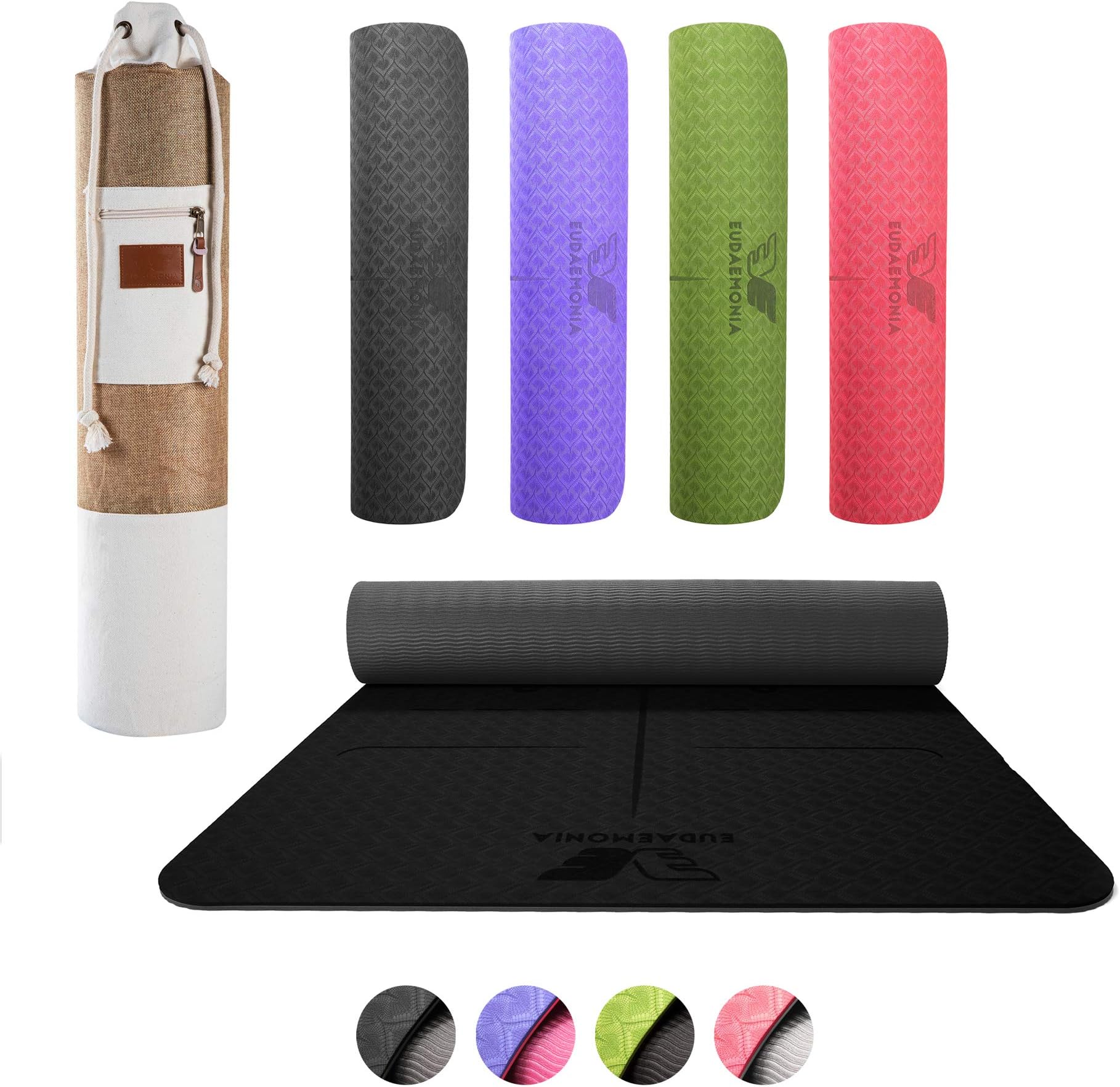 EUDAEMONIA Yoga Mat with Free Stylish Carry Bag - Eco Friendly 6mm Thick, TPE Textured, 61 cm x 183 cm