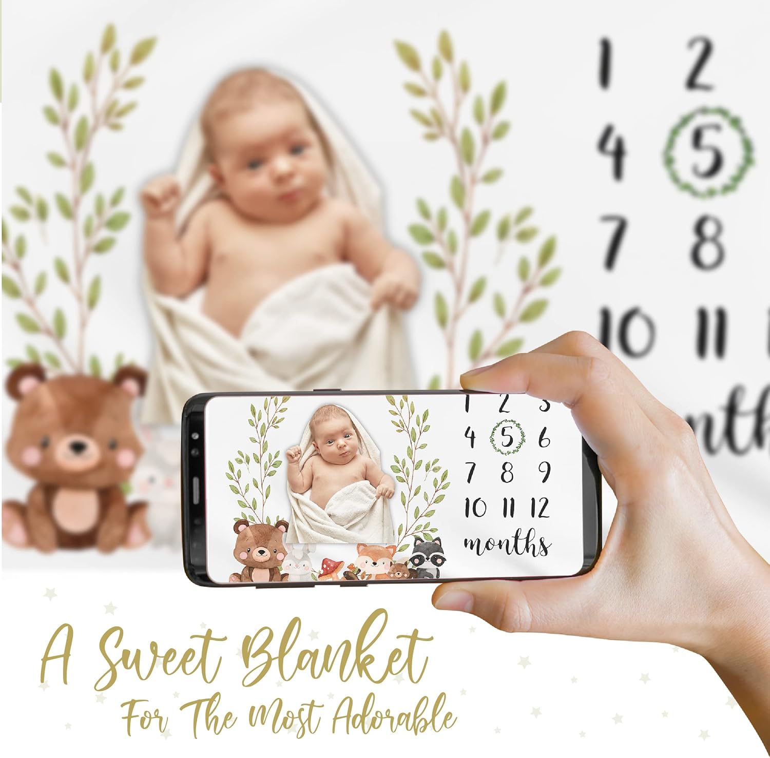 Baby Monthly Milestone Blanket Woodland Boy Girl Gender Neutral Gift for Baby Shower Photo Blanket for Newborn Picture Wreath Included Soft Flannel Blanket - Image 5