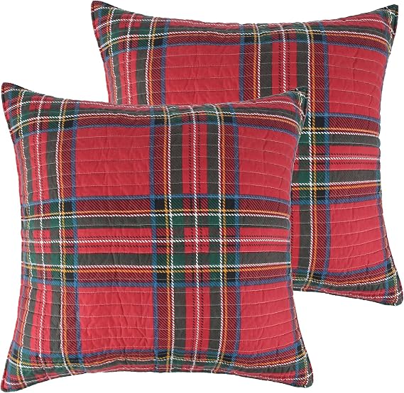 Levtex Home - Spencer Plaid Quilted Euro Sham (26x26in.) - Christmas Tartan Plaid - Red, Green, Black - No Insert - Set of 2