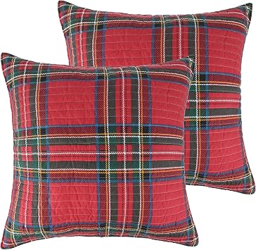 Levtex Home - Spencer Plaid Quilted Euro Sham (26x26in.) - Christmas Tartan Plaid - Red, Green, Black - No Insert - Set of 2