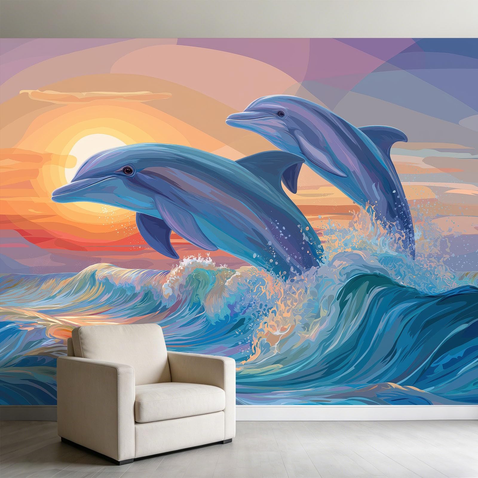 Papier peint panoramique dauphin coucher soleil 350x256 cm pour chambre d'enfant