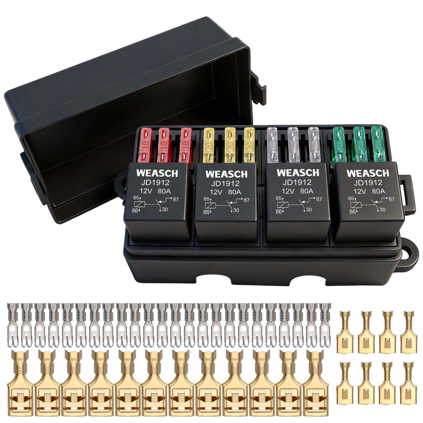 Scatola di fusibili e relè 12 V, relè 4 x 4 poli 80A e 12 fusibili ATC/ATO, per auto, camion e jeep