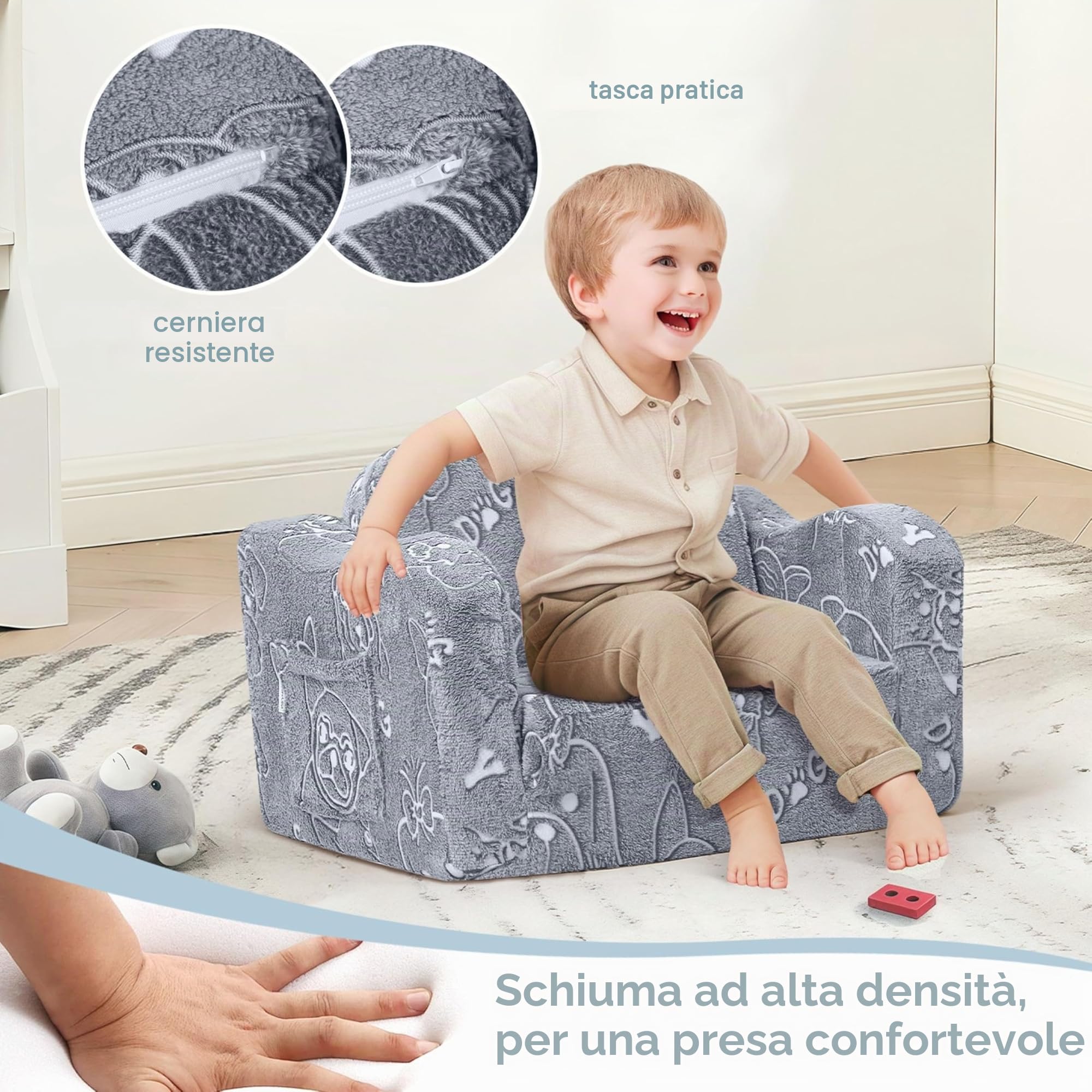 MeMoreCool Divano per bambini pieghevole, 2 in 1 per bambini, con funzione di sonno, mini divano per camera dei bambini, divano da gioco per ragazze e ragazzi, grigio