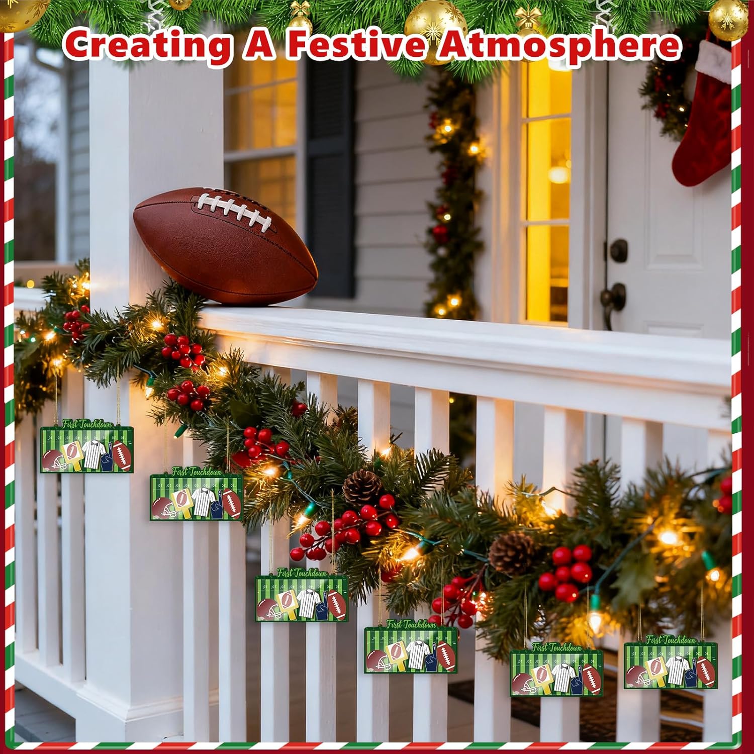 Football Christmas Ornament, Acrylic Touch Down Frame with 5 Pcs DIY Wooden Football Jersey #1 Goal Post Helmet Hanging Shaker Ornaments for Holiday Party Sports Fans Team Player Coach - Image 6