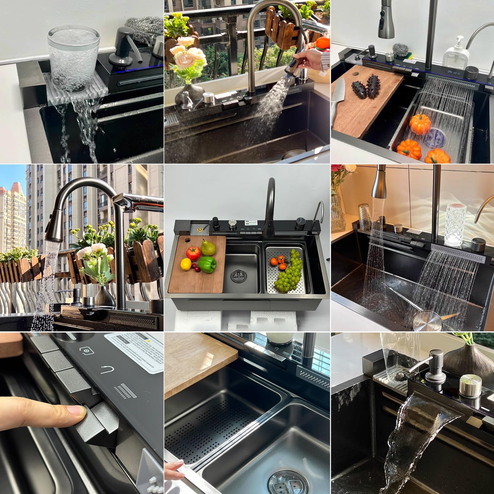 Lavello Da Cucina Inox 1 Vasca Multifunzionale Con Cascata – Stainless Steel Sink Con Set Accessori – Lavello Cucina Moderno Smart(Black-Grey,90x50cm)