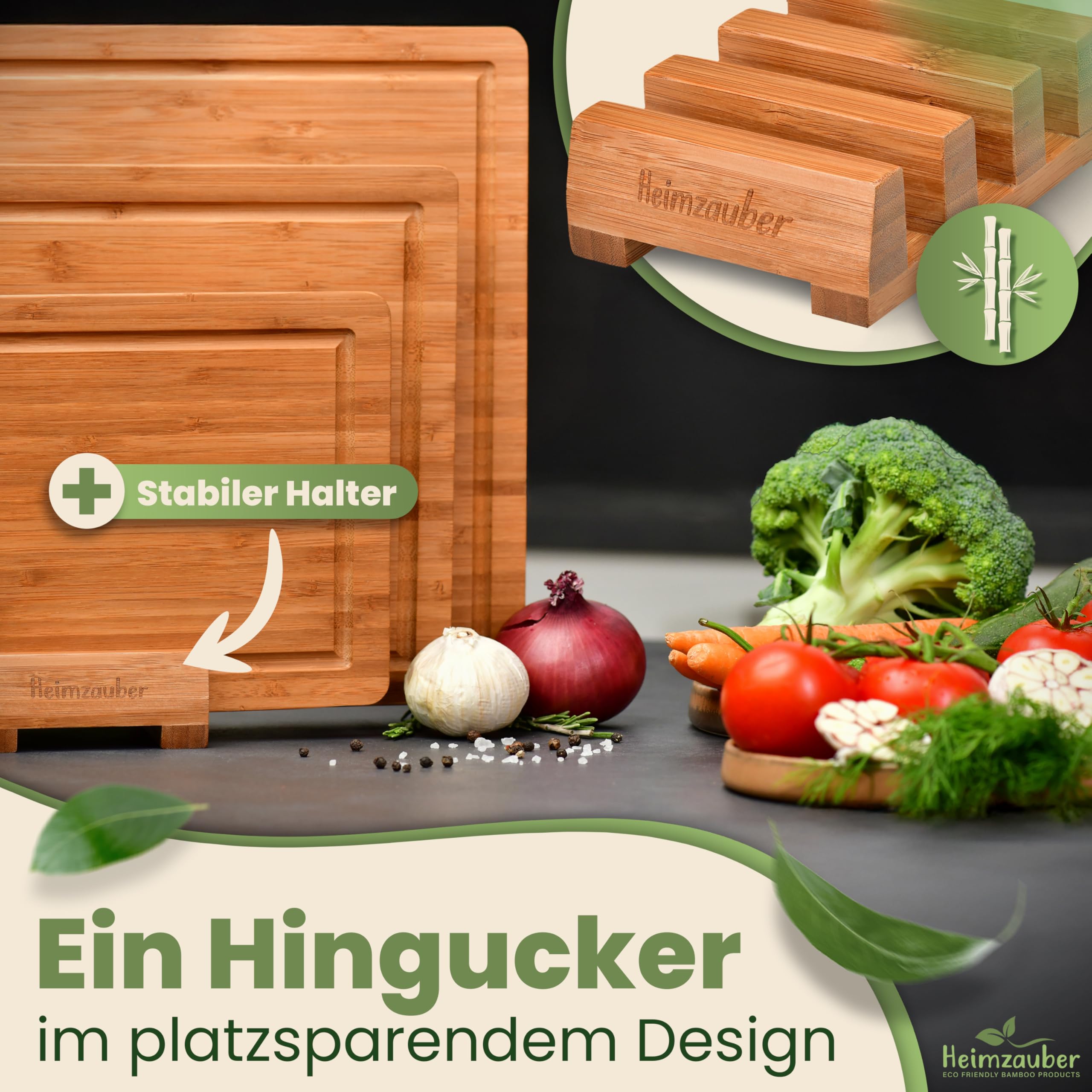 Schneidebrett Holz 3er Set | Premium Frühstücksbrettchen | Bambus Massiv 2cm dick | inkl. Ständer | Holzbrett Servierplatte mit Saftrille für die Küche