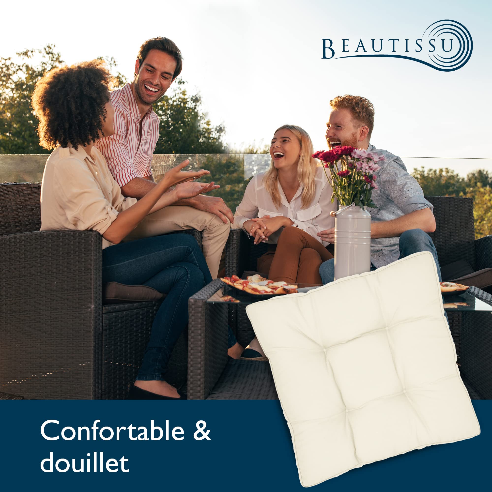 Beautissu Coussin extérieur Jardin Assise – Coussin Chaise Jardin idéal pour extérieur, Jardin, Balcon - XLuna -70x70x10 cm - Nature