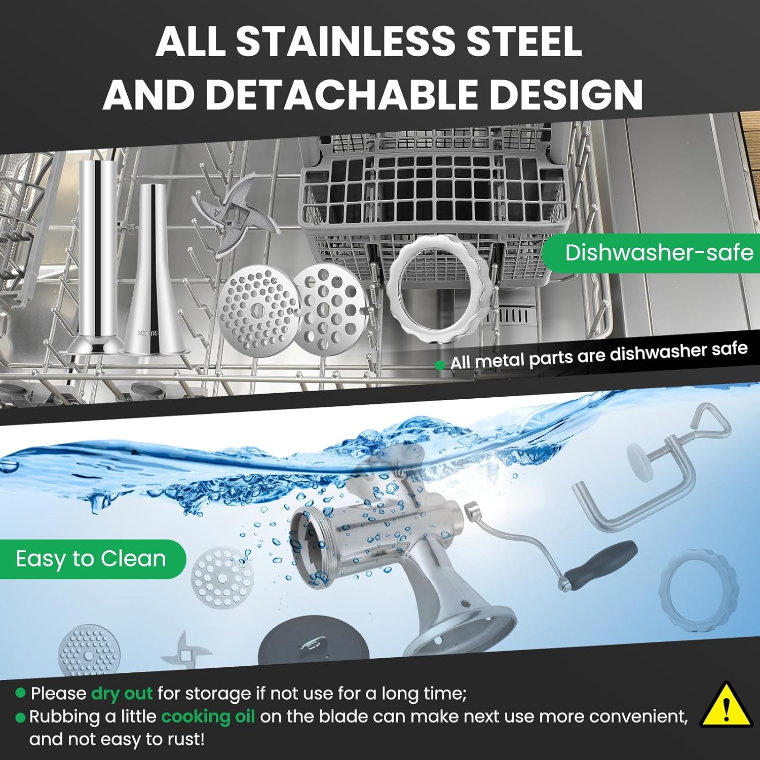 Huanyu Manual Meat Grinder with 2 Stainless Steel Sausage Stuffer Filler Hand Crank Mincer Meats Processor Grinding Machine Ground Chopper Home Use for Beef Chicken Rack chili etc. Dishwasher Safe