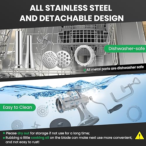 Miniatura 7 de Huanyu Picadora manual de carne con 2 rellenos de salchichas de acero inoxidable, picadora de manivela, procesador de carnes, máquina de molienda,