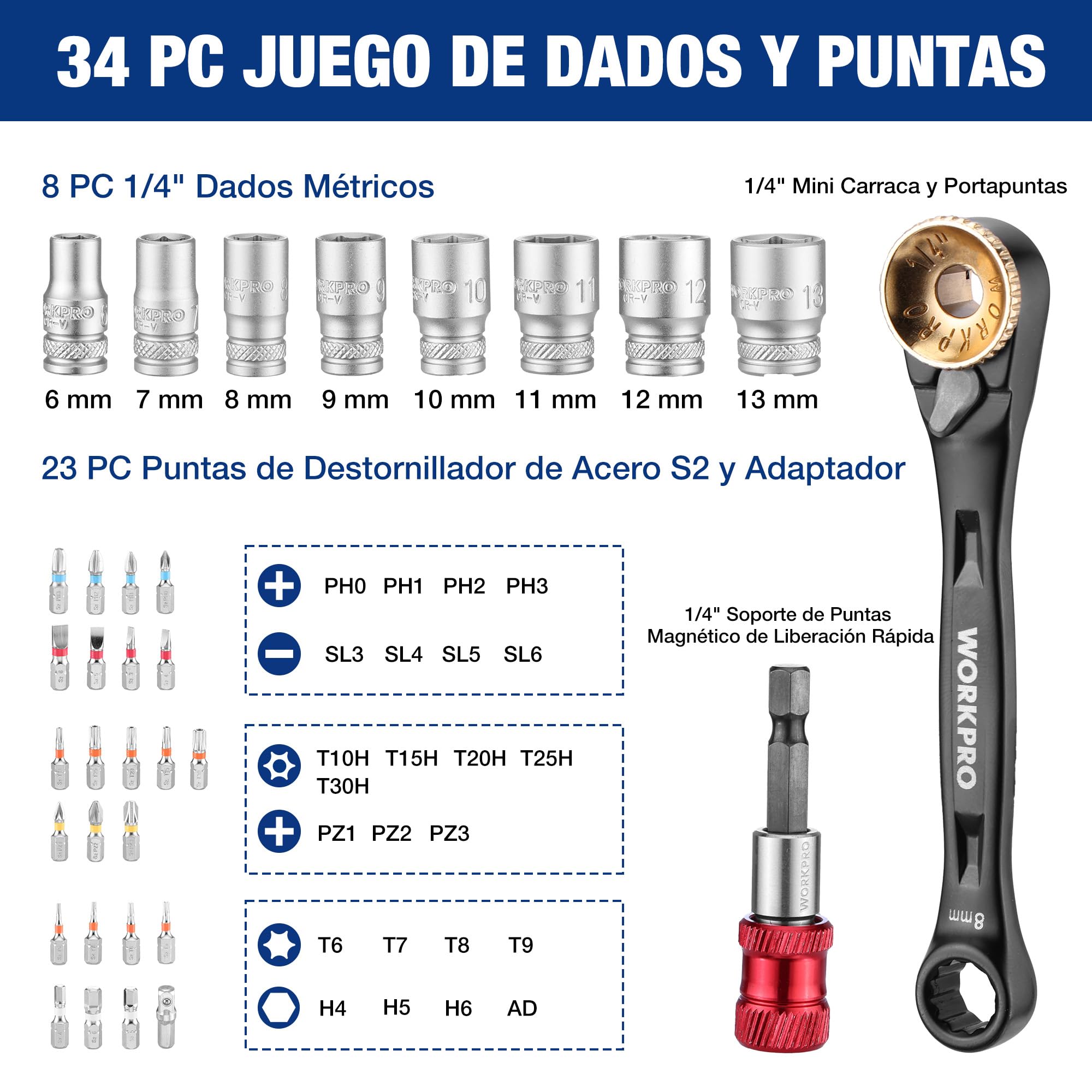 WORKPRO Carraca 1/4 Cr-V con Juego de Llaves de Vaso – Juego de Carraca 34 Piezas con Destornillador Magnético y Adaptador – Herramienta Compacta para Bricolaje y Reparación